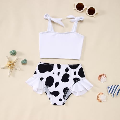 BOUTIKOME Toddler Baby Girl Two Piece Swimsuit Cow Print Swimwear Knot Top Flared Bottom Bikini Set Beach Bathing Suit 1-6T2