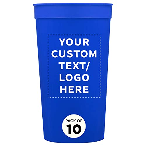 Custom Plastic Stadium Cups 32 oz. Set of 10, Personalized Bulk Pack - Perfect for Summer, Sporting Events, Birthdays, Picnic, Beach, Parties - Blue