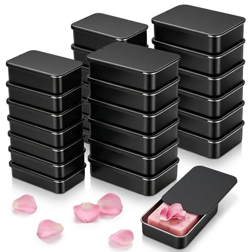 Goodma 24-Pack Slide Top Rectangular Metal Tin Containers for Candies Jewelry Crafts Pills Lip Balm Storage Survival Kit, Mixed Sizes (Black)
