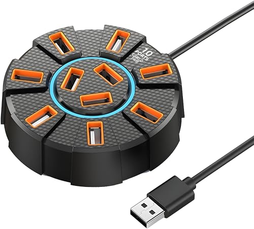 Image of 10 Port USB 2.0 HUB with Power /Data Port, 5gbps Hi-Speed Data Transfer, Plug and Play, USB Charging Docking Station Gaming Hub for Laptop, Computer (Round)