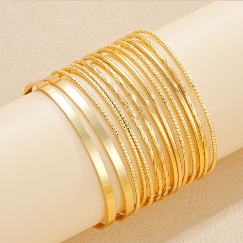 Image of IF ME Gold Bangle Bracelets for Women, Indian Bangles Stackable Set, Multi Layer Textured 18K Gold Plated Chunky Bracelets Boho Jewelrys Set