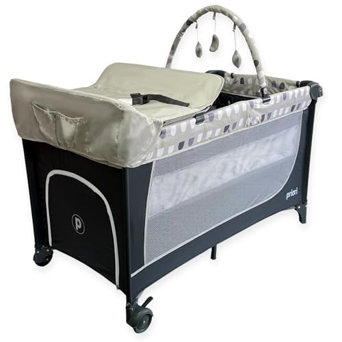 Priori Baby Nauta Cuna de Viaje Plegable 5 en 1 para Bebé – Portátil, Parque, Cambiador, Gimnasio y Organizador – Malla Transpirable Ruedas con Freno Bolsa de Transporte – 0-3 Años hasta 15 kg (Gris)