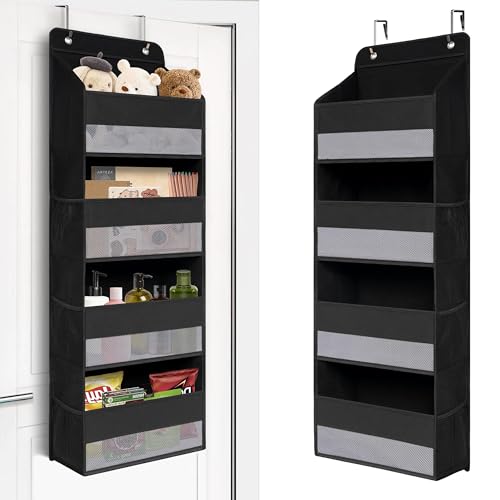 TATIU ウォールポケット 壁掛け収納 【2024スイング防止設計】 4段 ドア掛け 収納ポケット 壁掛け 吊り下げ収納ポケット 大容量 不織布 頑丈 メッシュ窓 おむつ タオル 化粧品 おもちゃ リモコン 収納 弾性フック2個付き (ブラック)