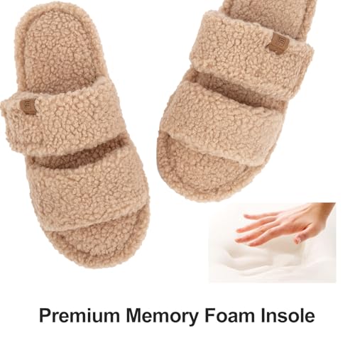 FamilyFairy Open Toe Slippers for Women Adjustable Memory Foam House Shoes Faux Fur Fuzzy Slide Sandals Non Slip Washable4