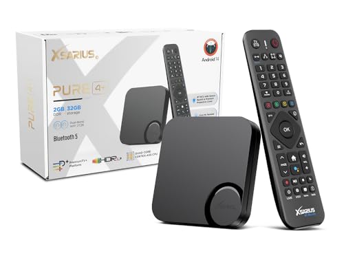 Xsarius Pure 4+ 4K Android 14 OTT UHD IPTV Player H.265 HEVC avec double WiFi, USB 3.0, LAN, HDMI, HDR10+, Widevine L1, Bluetooth 5.0, 2 Go de RAM, flash 32 Go