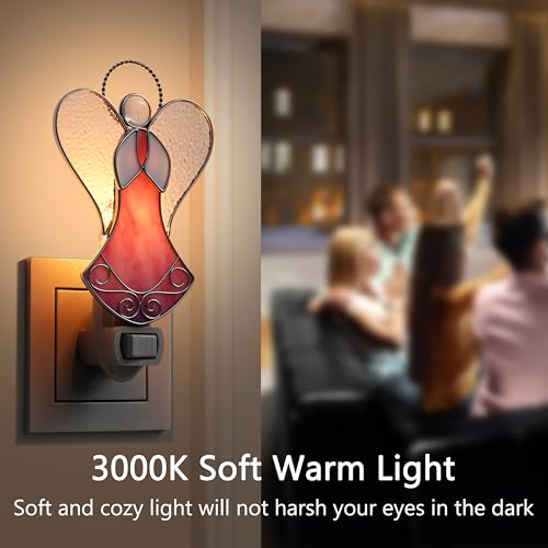 Image of Stained Glass Pink Angel Night Lights Plug in for Home Decor | Chrome & Stained Glass Night Light Plug into Wall,Holiday Night Light for Hallway Mothers Day Gift for Mom Birthday Christmas