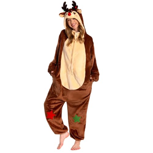 OLAOLA Unisex Adult Christmas Costume Plush Flannel Deer Onesie One-Piece Cosplay Pyjamas XMAS Party
