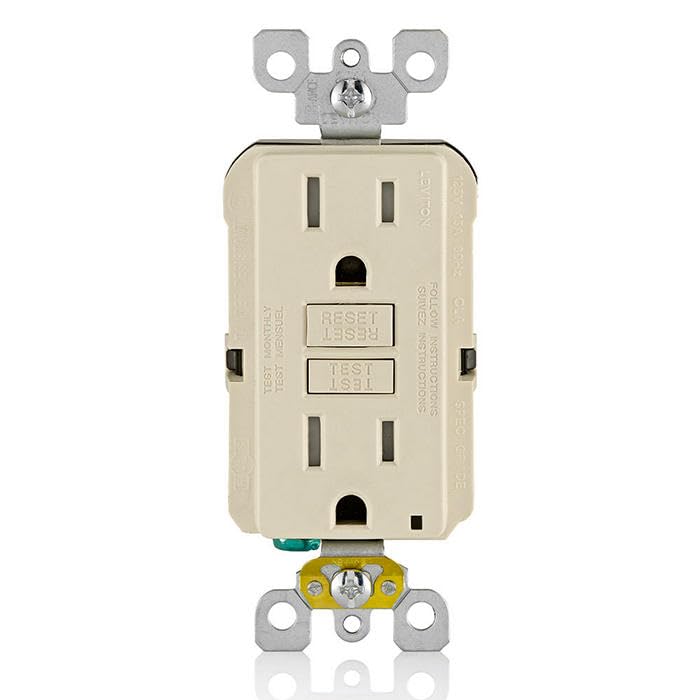 Image of Leviton GFCI Outlet, 15 Amp, Self Test, Tamper-Resistant with LED Indicator Light, Protection from Electric Shock and Electrocution, GFTR1-T, Light Almond