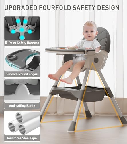 Image of Baby High Chair, 5 in 1 High Chairs for Babies and Toddlers, Travel Foldable High Chair with Detachable PU Cushion, Double Removable Tray, Adjustable Height & Recline, Locking Wheels (Grey)