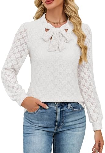 Blooming Jelly Womens Lace Long Sleeve Tops Tie Front Lined Dressy Blouse Fall Fashion Trendy Elegant Business Casual Outfit
