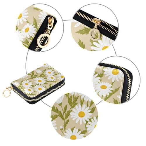 Leather Women's Wallet Cute Card Holder RFID Blocking Small Zipper Coin Purse with Key Ring Cute Daisies Beige Leaves Green4