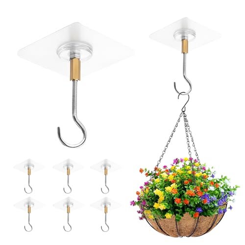 Funver – Juego de 6 ganchos de techo adhesivos sin perforar, transparente, gancho de techo adhesivo duradero, soporte de acero inoxidable, práctico para plantas colgantes, cocina, cuarto de baño