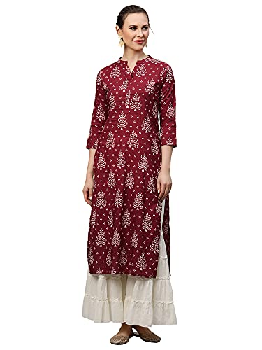Image of INDO ERA Women's Cotton Straight Fit Printed Calf Length Straight Kurta(RRRRR2129)