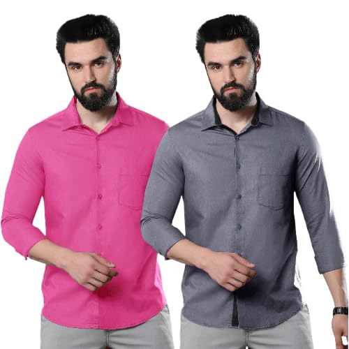 Image of PinkMint Combo of Men Casual Cotton Full Sleeves Formal Regular Slim Fit Plain Office Shirts Pink-Grey