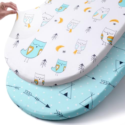 Stretchy Bassinet Sheet Set BROLEX 2 Pack Snug Fitted Cradle Fitted Sheets for Bassinet Pads/Mattress, for Boys Girls,Unisex,Ultra Soft Breathable,Arrow Owl