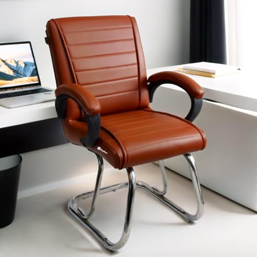 Image of GOYALSON Home Exclusive Visitor Study Reception Chair with Arm Rest and Heavy Frame with Cushioned Seat Back Chair (1, Brown, Double Pipe Chrome Frame)