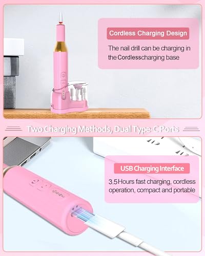 DEEHENK Electric Cordless Nail Drill Portable Nail Drill Machine for Gel Acrylic Nails, Rechargeable Nail File for Home Salon Electric Nail File Pink