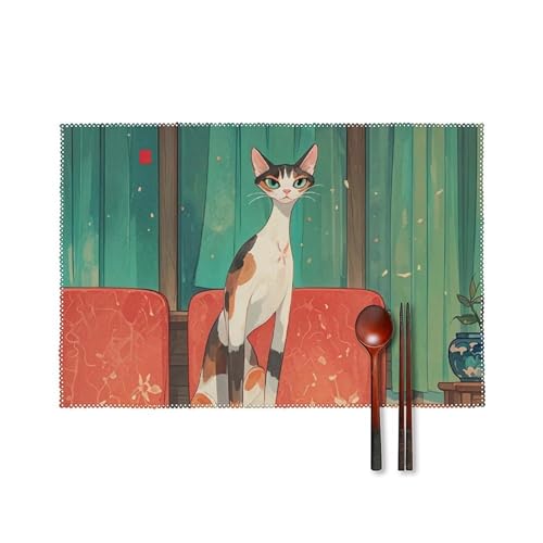 Set de table chat long col lot de 6 toiles 45x30 cm