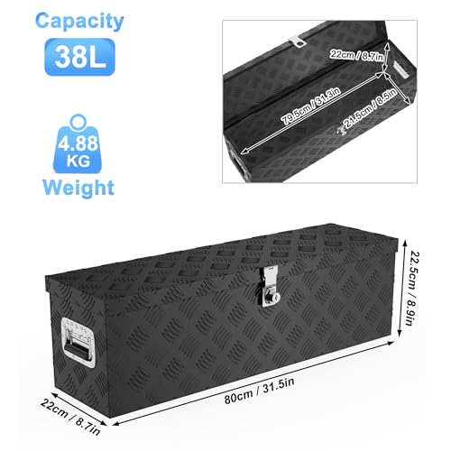 Froadp Aluminium Kiste mit Deckel, 800x220x225 mm Alubox Werkzeugkiste abschließbar, wasserdichte Alu Transportbox für Werkzeuge, Camping & Aufbewahrung (Schwarz)