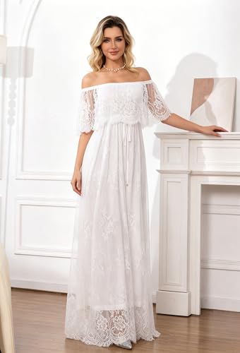 Image of HOYISHION Women's Off The Shoulder Floral Lace Maxi Dress White Bridesmaid Wedding Party Maternity Photoshoot Long Dresses