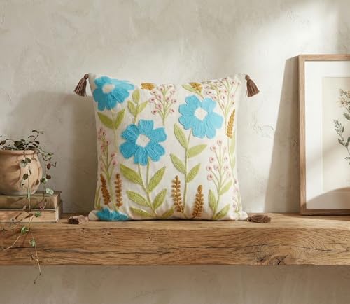 Image of Furnistitchs Handmade Cotton Bohemian Home Decor Cushion Cover 24x24 inches / 60x60 cms - Boho Chic Couch Sofa Throw Living Room Bedroom Cushions (1, Blue Bellflowers)