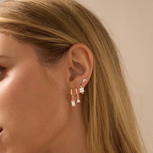 Image of Gold Earrings for Women, 14k Gold Plated Dangle Huggie Earrings for Women Trendy Dainty Gold Hoop Earring Stacks Hypoallergenic Pearl Chain Drop Cartilage Earring Fashion Womens Jewelry