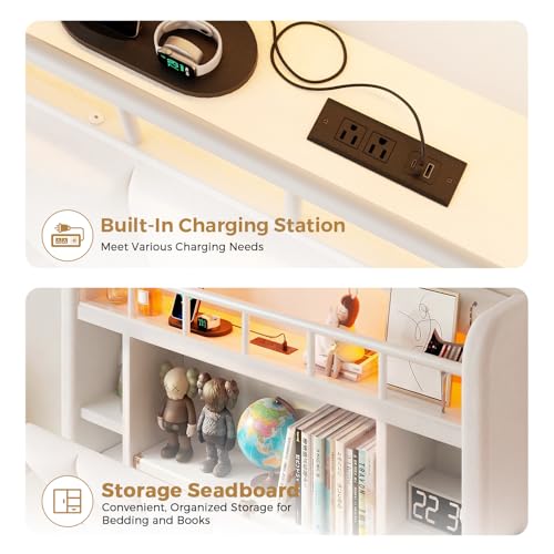Image of Beige Twin Size LED Bed Frame with Storage Headboard, Upholstered Velvet Princess Bed for Girls with 5 Charging Ports (USB-C & AC), Hidden Privacy Compartment, Sturdy Aluminum Frame & 1 Silent Drawers
