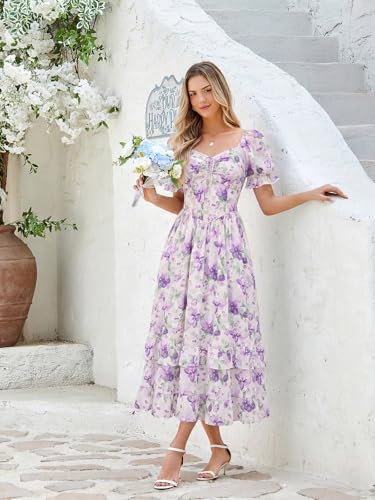 Image of Scarlet Darkness Women Floral Maxi Dress Puff Sleeve Tea Party Corset Dress | Pockets, Ruched Bust, Ruffled Hem, for Cottagecore Fairy Milkmaid Vacation