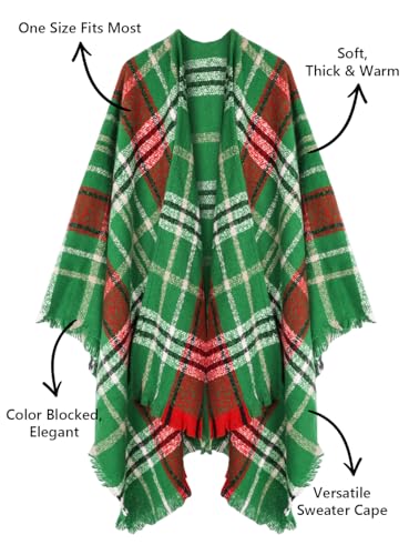 Image of Bestshe Women's Boho Open Front Poncho Plaid Shawl Wrap Cape | Tassel Cardigan Sweater, Cozy Layering, Fall Winter Clothes for Women