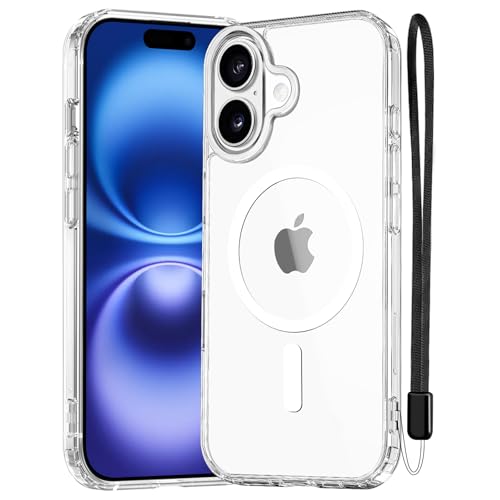 NEWC Magnetisch Hülle für iPhone 16 Plus (6 7 Zoll) kompatibel mit MagSafe Ultimate stoßfest-starker Magnetismus und militärischer Schutz-schlanke Hülle mit Umhängeband-Transparent