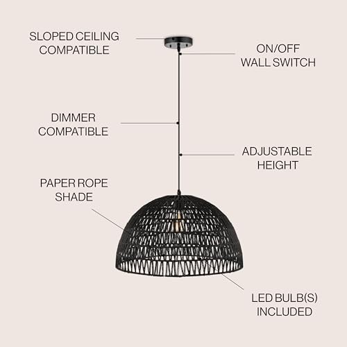 Image of JONATHAN Y 20 inch Black Modern Bohemian Woven Rope LED Pendant Light Fixture, Adjustable Dome Ceiling Lamp for Kitchen Island, Rope Shade, Coastal Farmhouse Decor (JYL6504C)