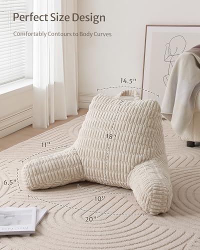 Blissful Diary Reading Pillow, Backrest Pillow with Shredded Memory Foam for Adult & Children, Designed for Bed and Couch Sitting Up, Includes Arms, Pockets and Washable Cover, Off White