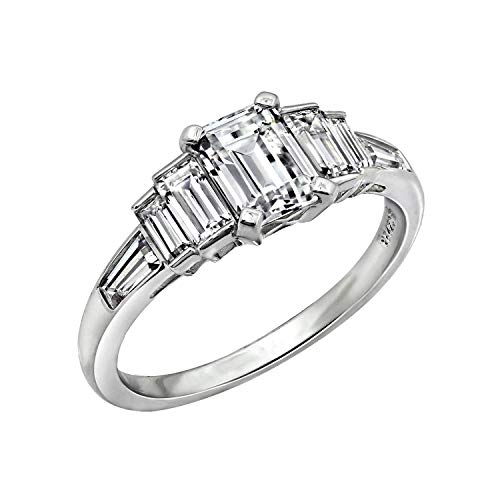 DIAMONBLISS Platinum Plated Sterling Silver Cubic Zirconia Emerald Cut & Baguette Ring (6)