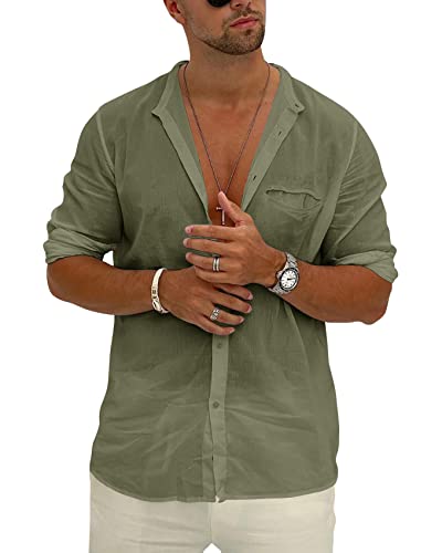 Herren-Hemd aus Leinen, langärmelig, lässig, mit Knopfleiste, gebänderter Kragen, Hippie, Strand, leichtes Oberteil mit Tasche, armee-grün, Groß Cover