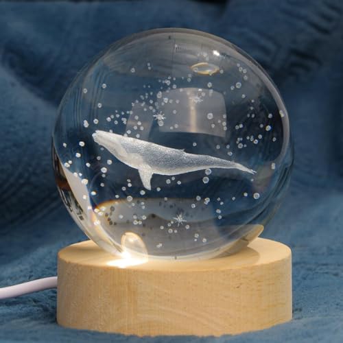 Image of 3D Crystal Ball LED Night Lamp with Wooden Base | Warm Light Bedside Table Lamp for Bedroom, Living Room, Kids Room, Study, Home Decoration & Gifting (Whale)