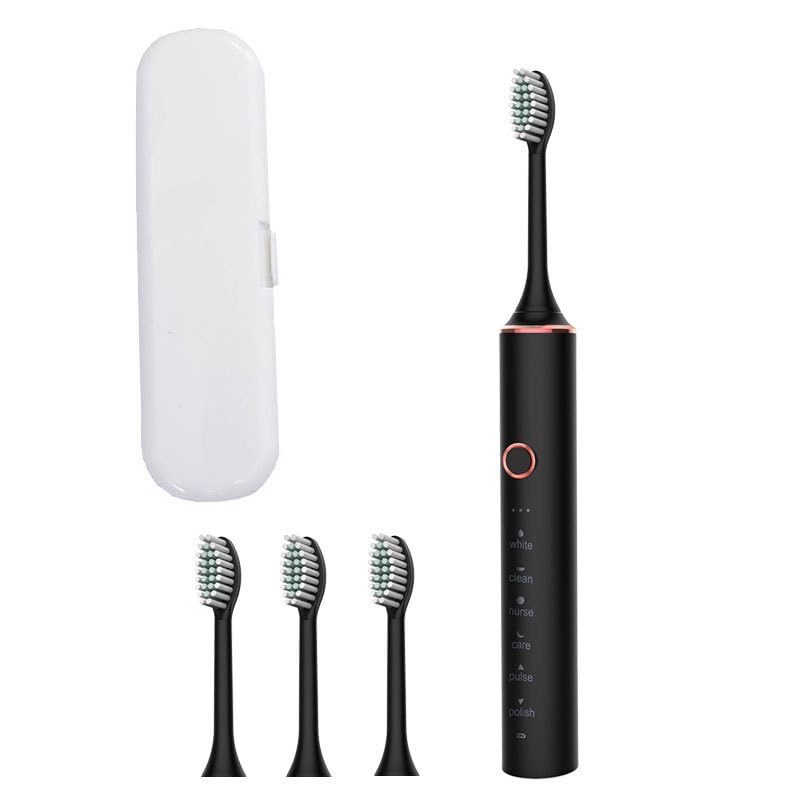 Cepillo de dientes recargable, limpieza profunda, cepillo de dientes electrónico IPX7, resistente al agua, con 4 cabezales de repuesto (4 cepillos negros+caja de almacenamiento, 220 x 25 mm)