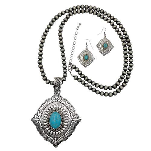 Gypsy Jewels Long Chunky Necklace & Earrings Set - Assorted Colors (Imitation Turquoise Concho)