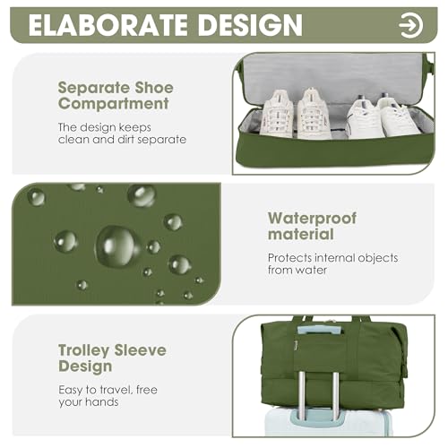 Image of Oeihuivt Weekender Bags for Women - 21 Inch Large Travel Duffel Bag with Shoe Compartment, Heavy-Duty Canvas Leather Carry On Overnight Tote, Green-1A, 21, Weekend Trip