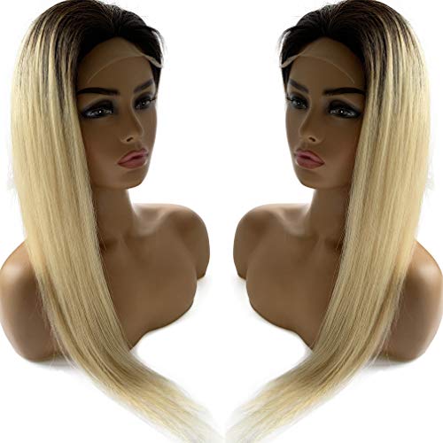 #1B/613 Ombre Lace Front Wigs Blonde Human Hair for Women Black Roots Bleached Knots Straight Brazilian Remy Hair Wigs with Baby Hair 18 Inch Pre Plucked Hairline 150% Density Colored Hair