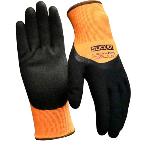 SLICK KIT Winter Work Gloves for Men and Women, Waterproof & Insulated Freezer Gloves with Sandy Nitrile Coating, Super Grip for Cold Weather, Heavy Duty, Orange, 1 Pair (Large/10)