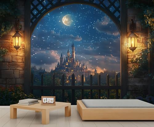 XBITUE Castle Wall Mural, Fireworks Mural, Night Sky Scene Wallpaper,