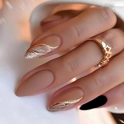 Tyuimhx Almond Press on Nails Medium Fake Nails Brown False Nails With Gold Line Marble Texture Designs Full Cover Stick on Nails Acrylic Artificial Nails for Women Girls Glue on Nails 24Pcs Cover