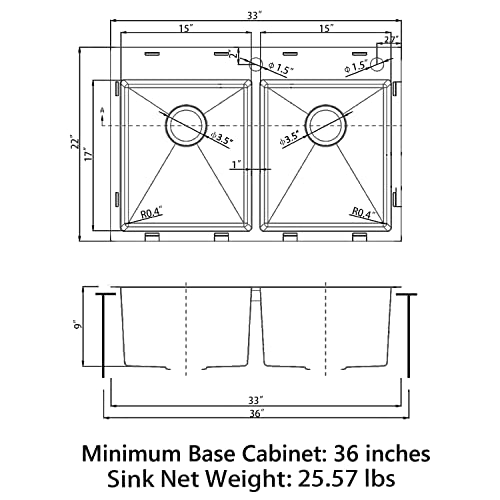 Sinber 33" X 22" X 9" Drop In Double Bowl Kitchen Sink With 18 Gauge 304 Stainless Steel Satin Finish Ht3322D-9-S (Sink Only) #TOP4
