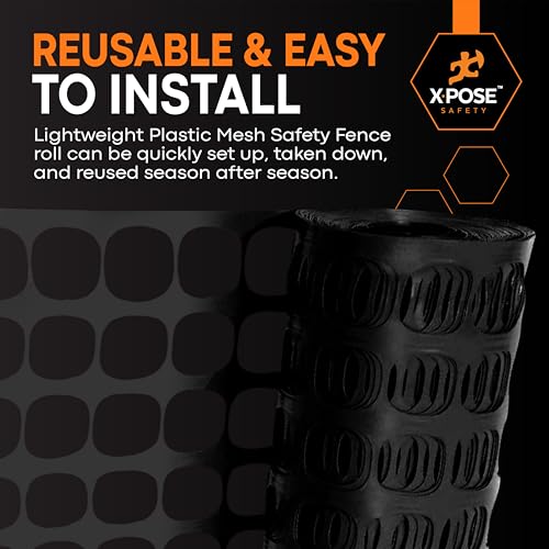 Image of Xpose Safety Plastic Mesh Safety Fence - Heavy Duty Black Temporary Garden Fence & Snow Fence, 4' x 50' Reusable Barrier Netting for Animal Control, Deer, Dogs, Construction