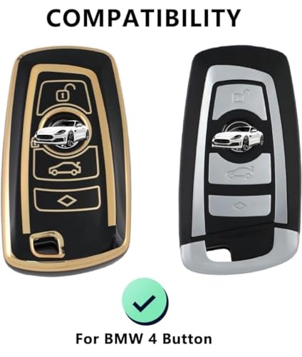 Image of TPU Car Key Cover Black & Golden Compatible for (BMW, 4 Button Push Smart Key)