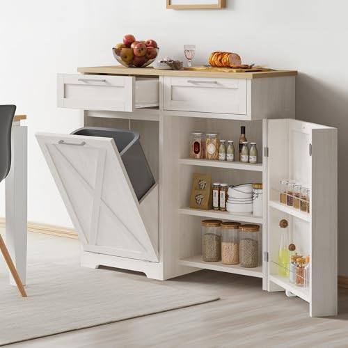 DWVO Tilt Out Trash Can Cabinet, 10 Gallon Kitchen Garbage Cabinet with 2 Drawers & Adjustable Shelves, Trash Bin Cabinets for Kitchen Living Room, Off White