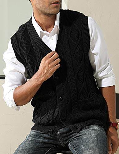 Men's Cable Knit Sweater Vest Winter V-Neck Cardigan Vest With Pockets Black Xl #TOP3
