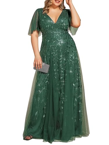 Image of Ever-Pretty Women's Sequin V Neck Plus Size Formal Dresses Evening Gown | Short Sleeve, A-Line, Empire Waist, Plus Size Mother of the Bride Dresses, Plus Size Gala Dress