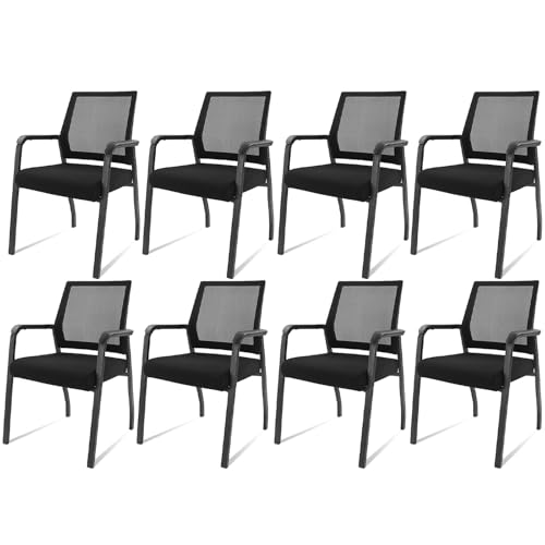 Image of KLASIKA Desk Chair No Wheels, Waiting Room Office Guest Chairs with Lumbar Support and Mid Back Mesh Space Air Grid Series for Reception Conference Room for Office School Church, 8Pack Black