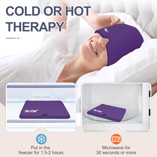 Image of EXQUISLIFE Migraine Headache Relief Cap, Gel Ice Head Wrap, Hot and Cold Therapy, Headache Eyes Mask for Sinus, Puffy Eyes, Tension and Stress Relief (Purple)